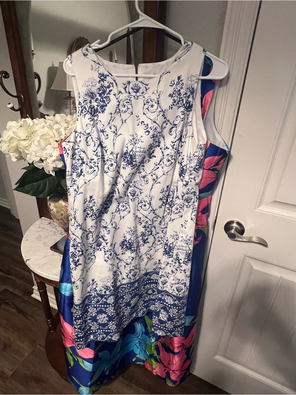 Sleeveless White & Blue Floral Midi Dress